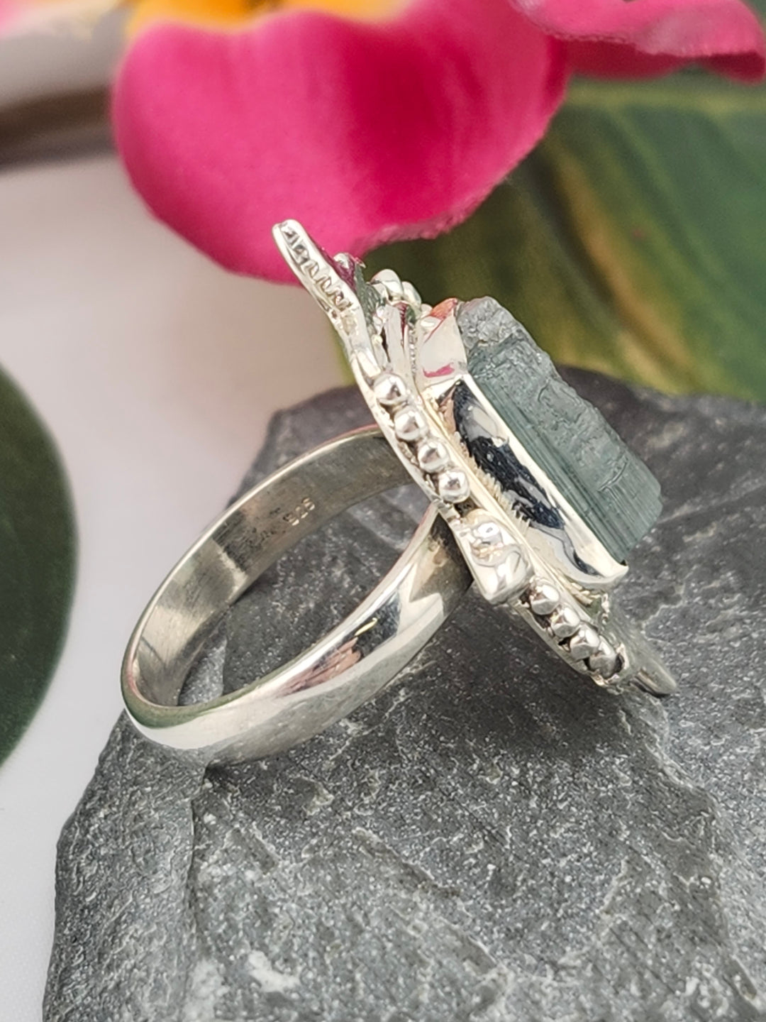 Raw Blue Tourmaline and 925 Sterling Silver Ring - Size 7