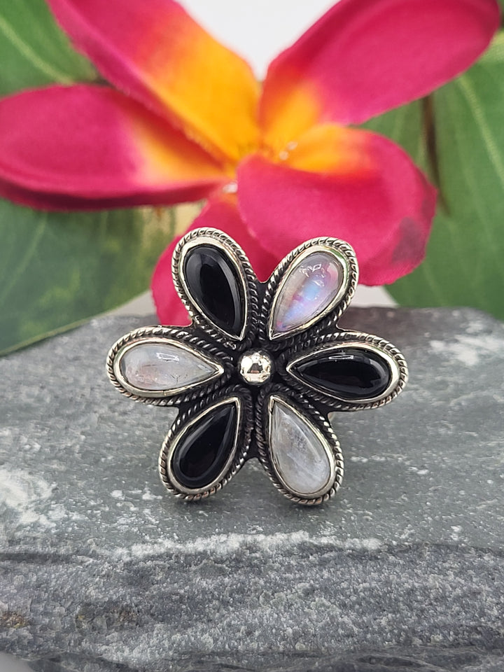 Moonstone & Onyx Flower Ring Size 6
