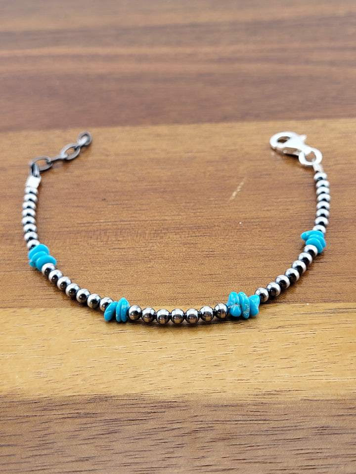 Oxidized 6 inch + 1 inch Extension 925 Sterling Silver Bead Turquoise Nugget Bracelet