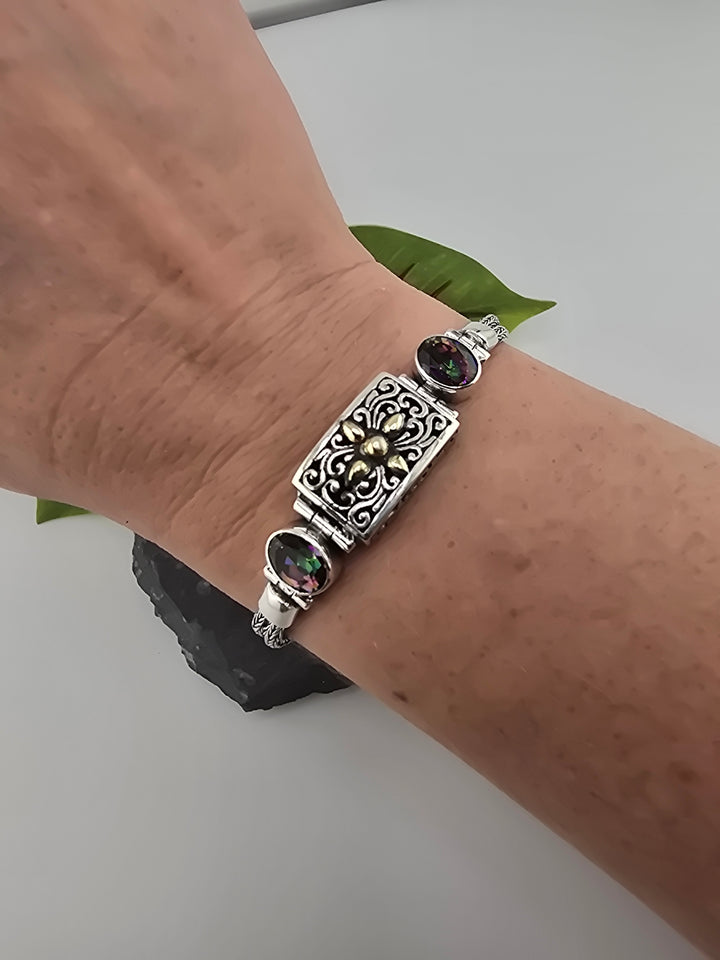 Real Mystic Topaz 925 Sterling Silver and 18k Gold Accented Bali Bracelet adj 7.5" to 8.5"