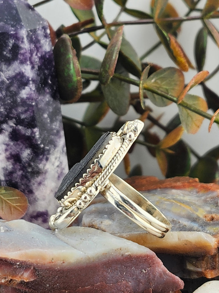 Raw Black Tourmaline 925 Sterling Silver Ring Size 8