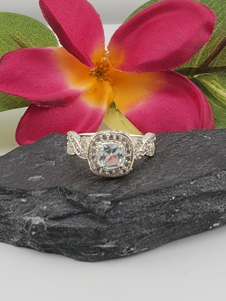 Aqua and 925 Sterling Silver Ring w/ cz