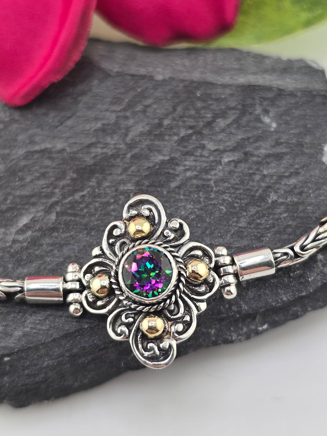 Real Mystic Topaz 925 Sterling Silver and 18k Gold Accented Bali Bracelet 7"