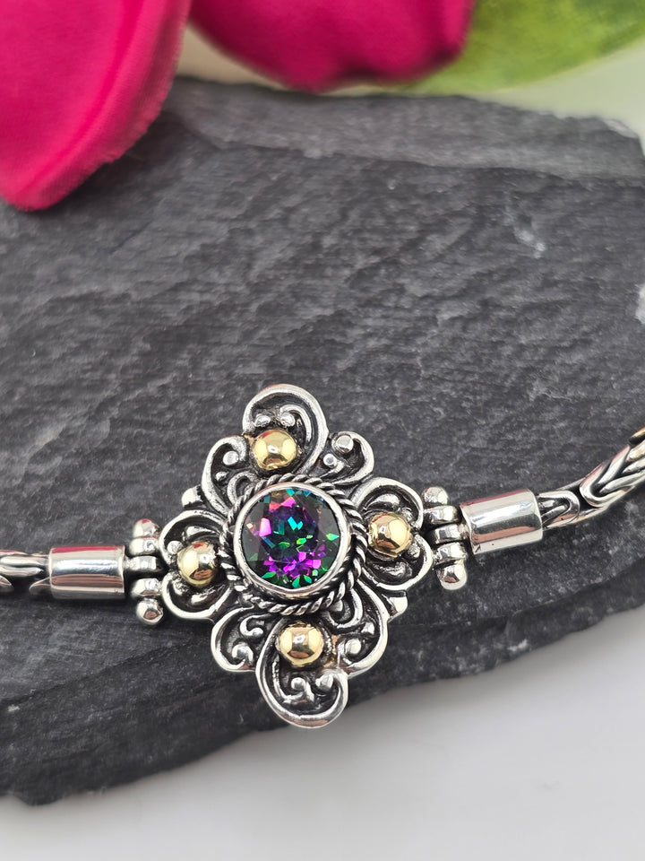 Real Mystic Topaz 925 Sterling Silver and 18k Gold Accented Bali Bracelet 7"
