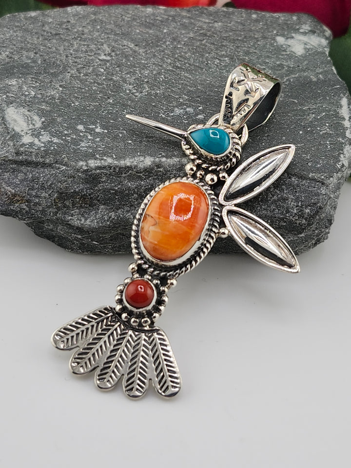 Turquoise/Orange Spiny Oyster/Italian Red Coral Hummingbird Pendant