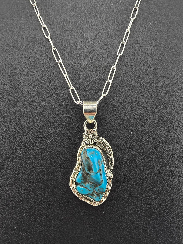 Raw Kingman Turquoise 925 sterling silver pendant w/ 18" 3mm paperclip Chain