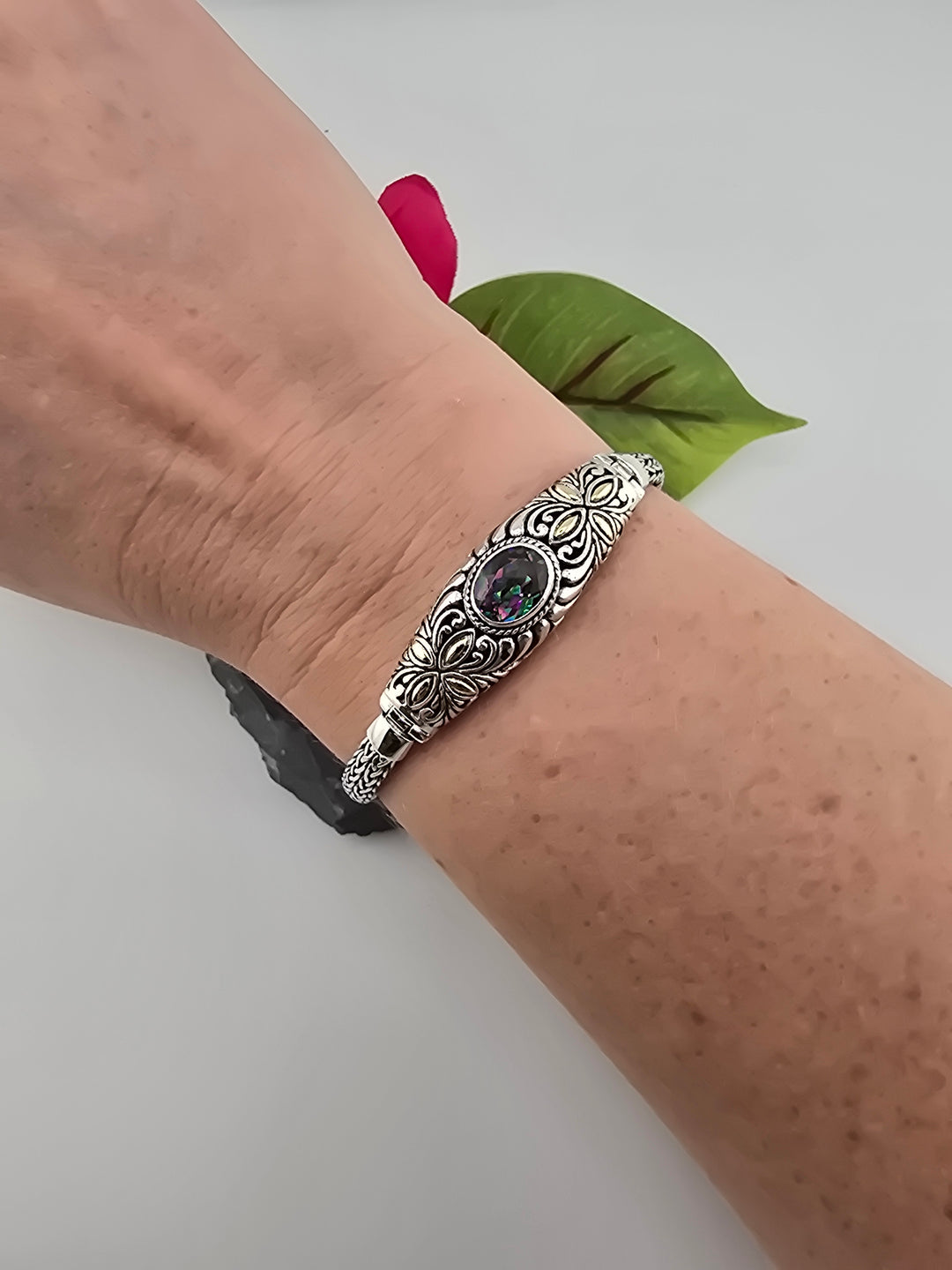 Real Mystic Topaz 925 Sterling Silver and 18k Gold Accented Bali Bracelet 6.75"