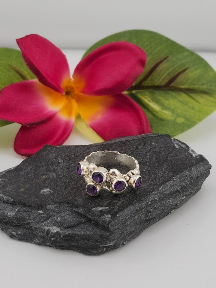 Multistone Amethyst and 925 Sterling Silver Ring