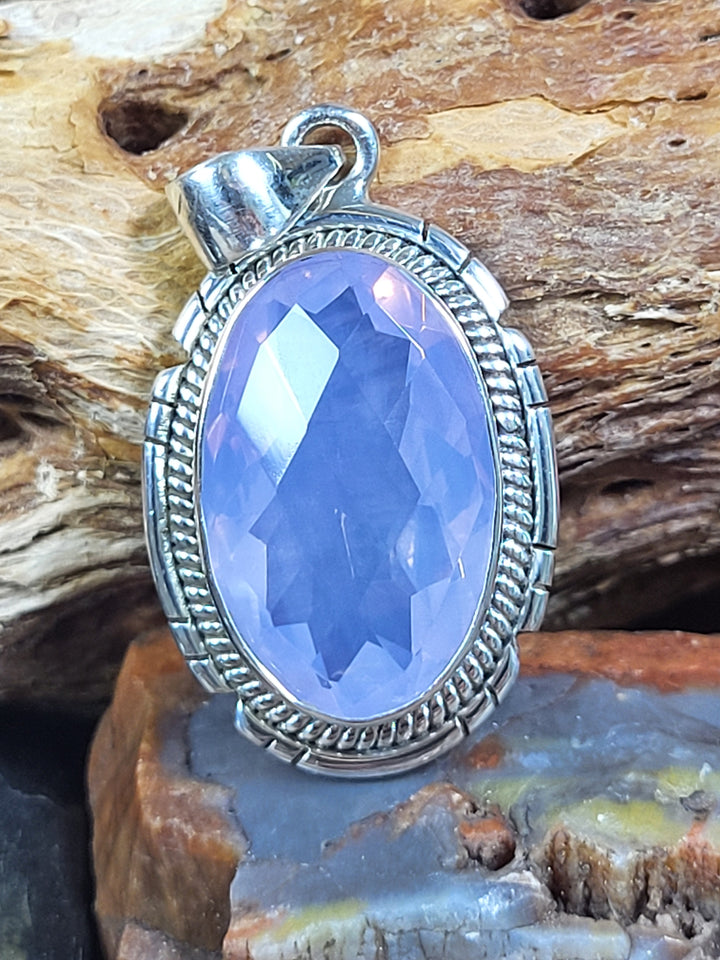 Natural Lavender Quartz 925 Sterling Silver Rose Cut Pendant - 1 1/2"