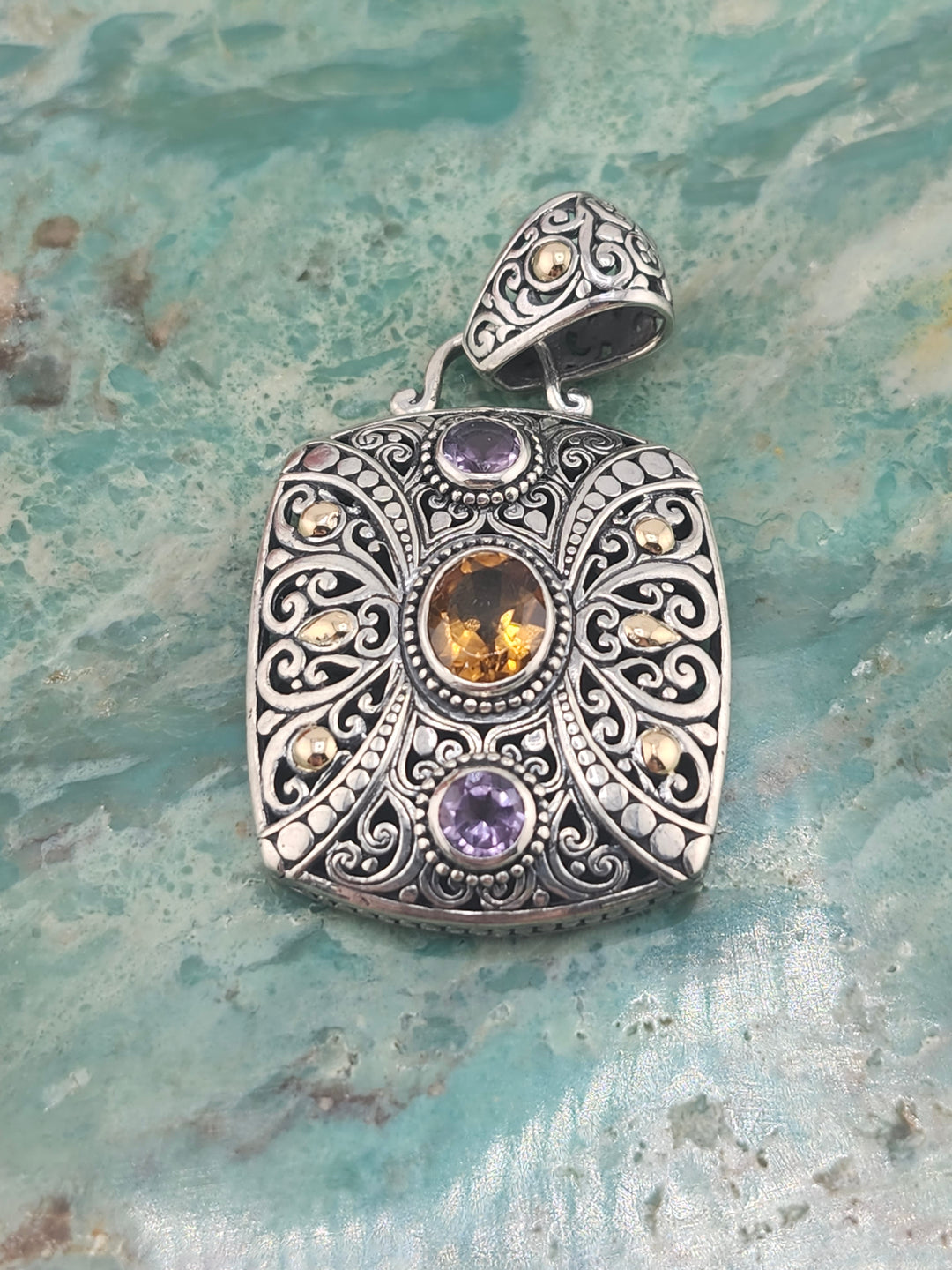 Bali 925 Sterling Silver/18K and Mixed Gemstone Pendant