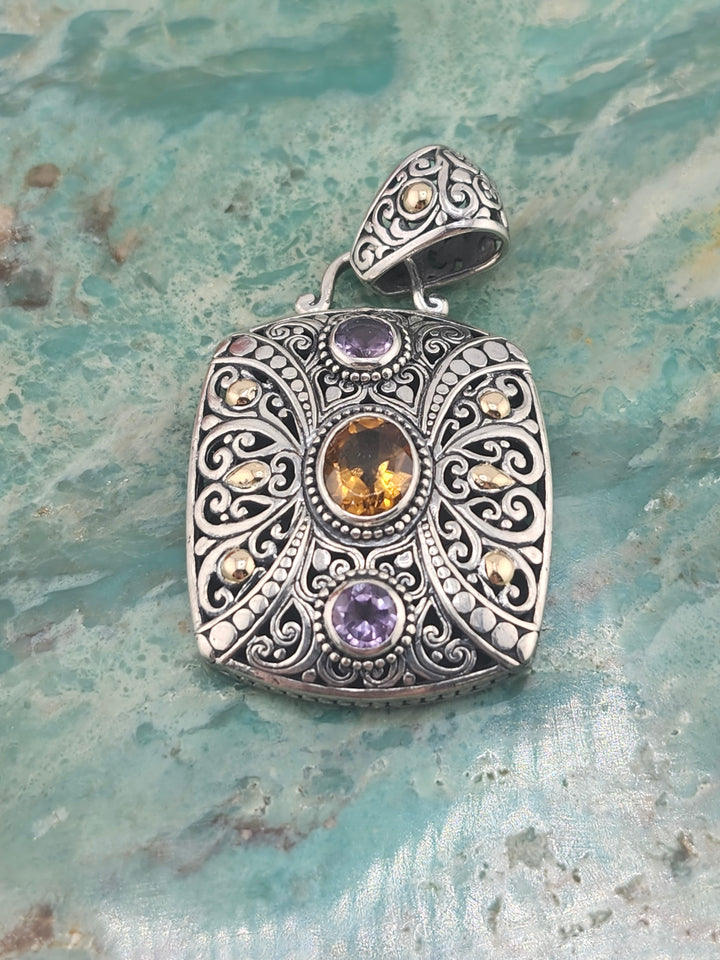 Bali 925 Sterling Silver/18K and Mixed Gemstone Pendant