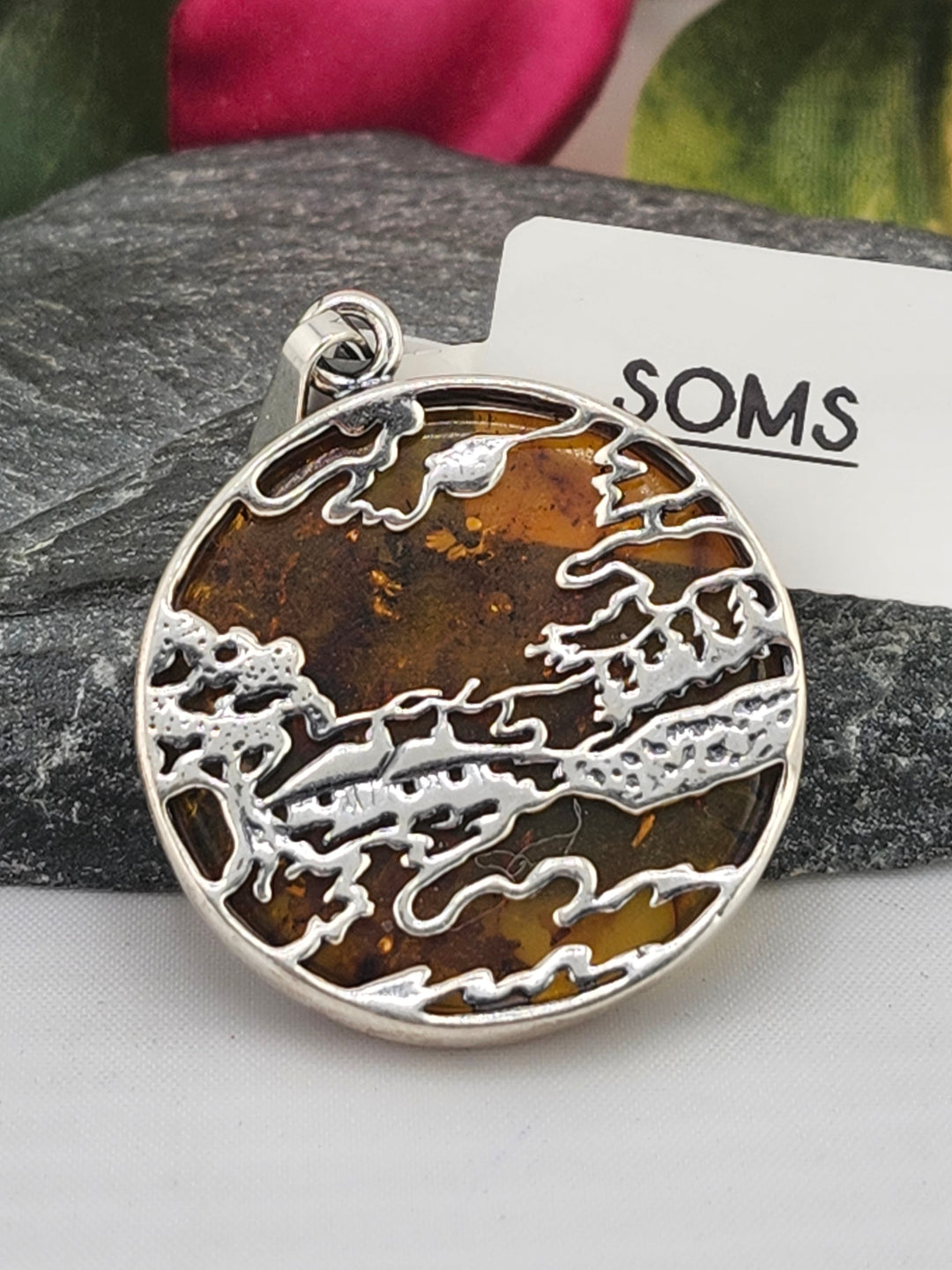 Designer SOMS Baltic Amber and 925 Sterling Silver Scenery Pendant