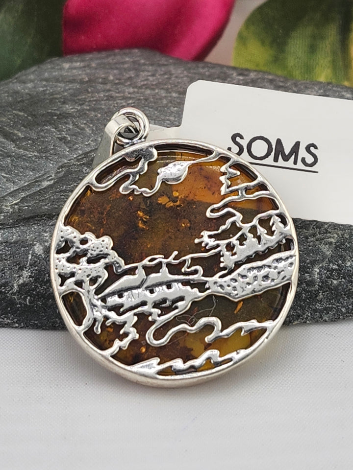 Designer SOMS Baltic Amber and 925 Sterling Silver Scenery Pendant