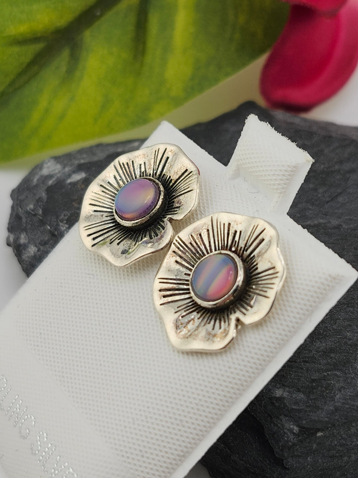 Lab Created Aurora Opal Flower & 925 Sterling Silver Stud Earrings