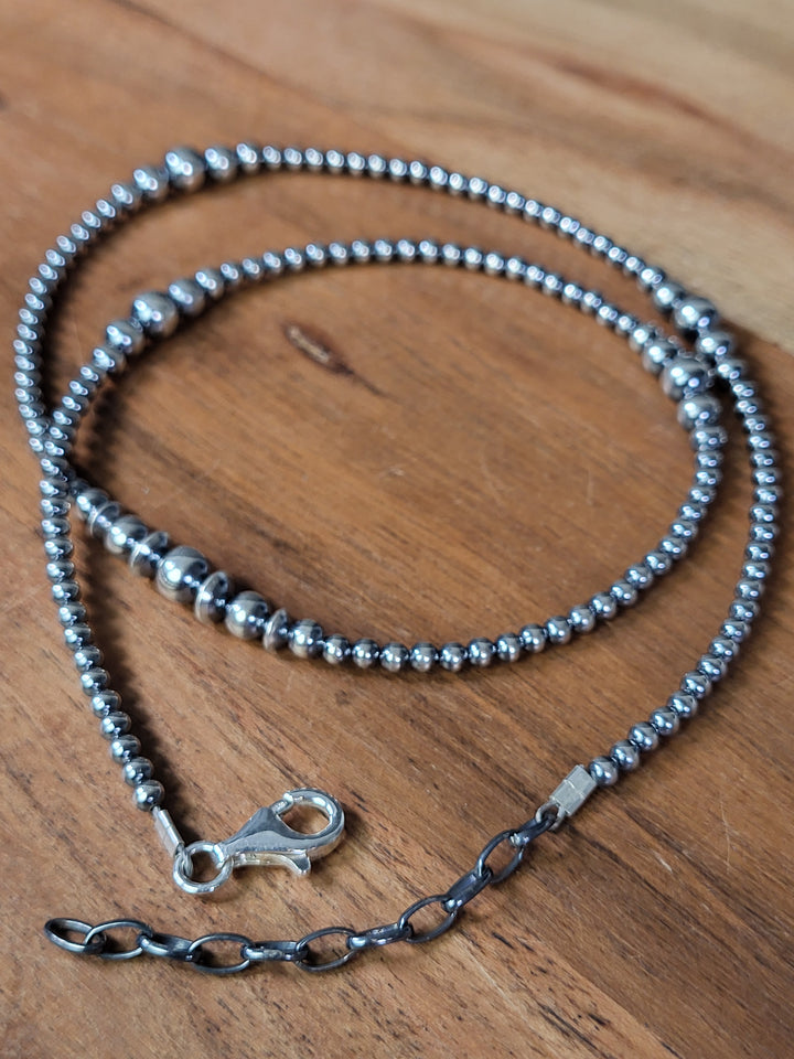 Oxidized Sterling Silver Graduated Bead Station w/Saucer Necklace 3‐6mm 20"+2" extension