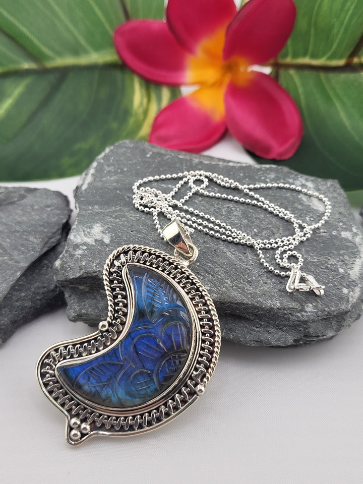 Carved Blue Labradorite Crescent Moon Necklace