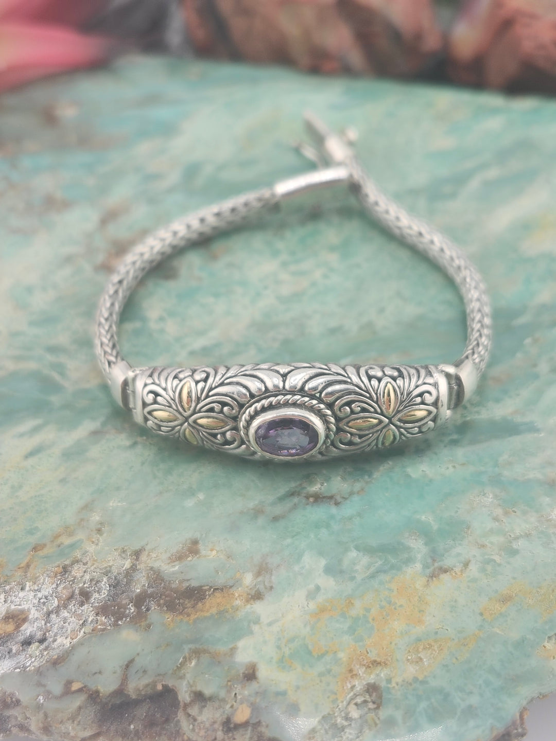 Bali 925 Sterling Silver/18K Gold Accented Amethyst Bracelet