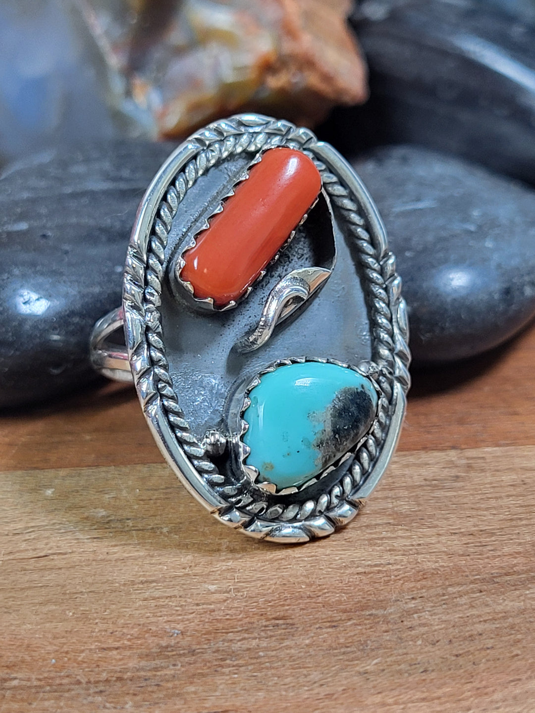 Natural Coral and Turquoise Ring Sterling Silver Size 7 1/2