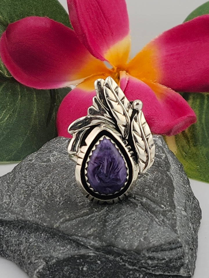 Charoite Teardrop & 925 Sterling Silver Leafs Ring Size 9