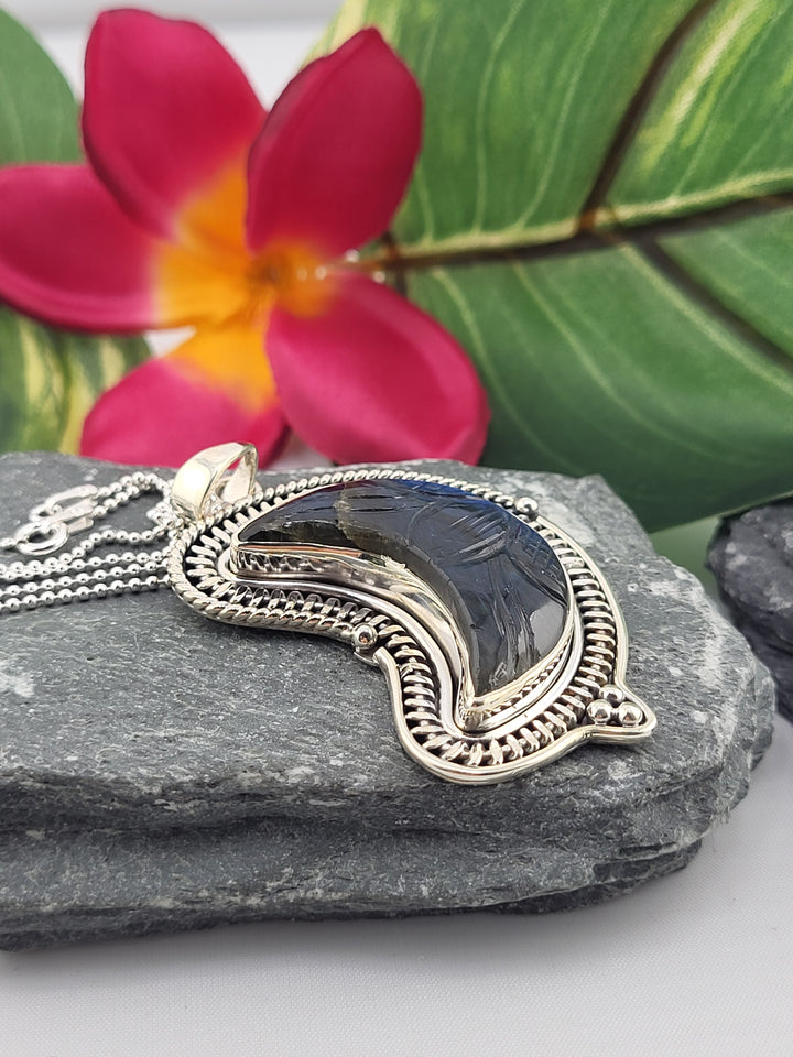 Carved Blue Labradorite Crescent Moon Necklace