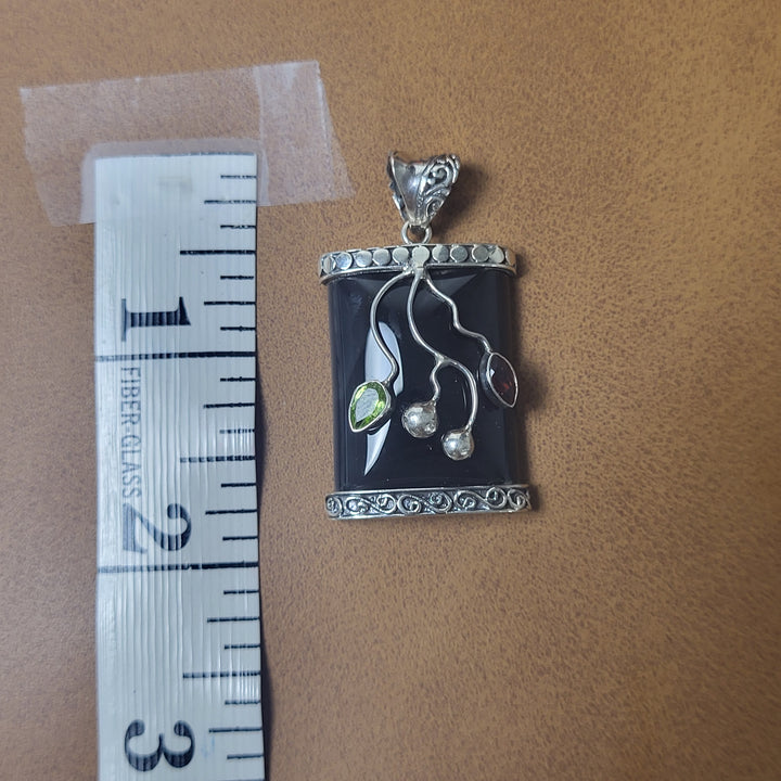 Natural Black Onyx/Peridot/Garnet 925 Sterling Silver Pendant