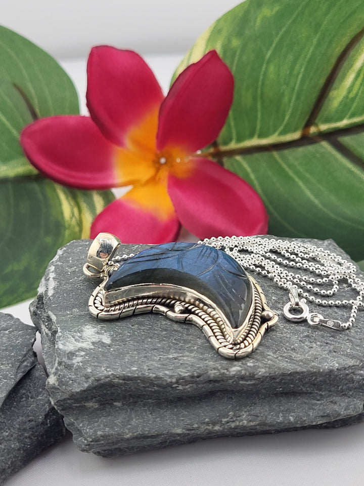 Carved Blue Labradorite Crescent Moon Necklace