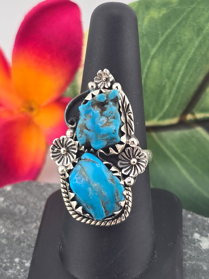 Double stone Kingman Turquoise sterling silver 925 ring size 8