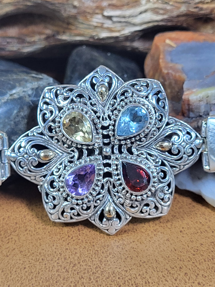 Natural Garnet/Citrine/Amethyst/Blue Topaz with 18k Accents 925 Sterling Silver Bali Bracelet - Size 7