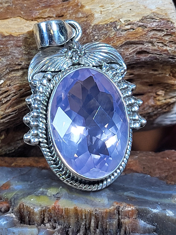 Natural Lavender Quartz 925 Sterling Silver Rose Cut Pendant - 1 1/2"