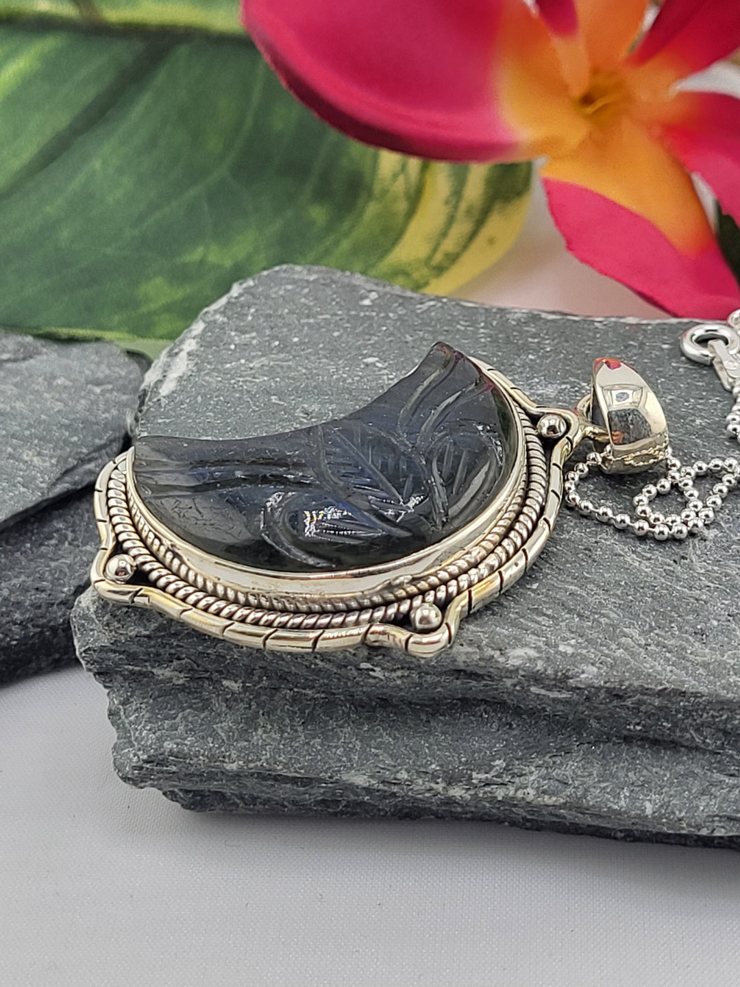 Carved Blue Labradorite Crescent Moon Necklace