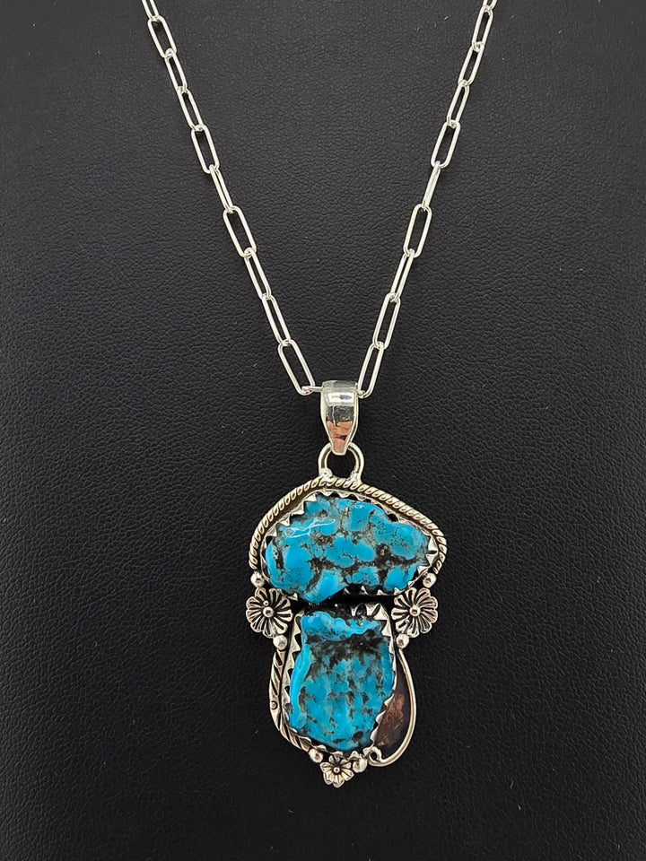 Raw Kingman Turquoise double stone 925 sterling silver pendant w/ 18" 3mm paperclip Chain