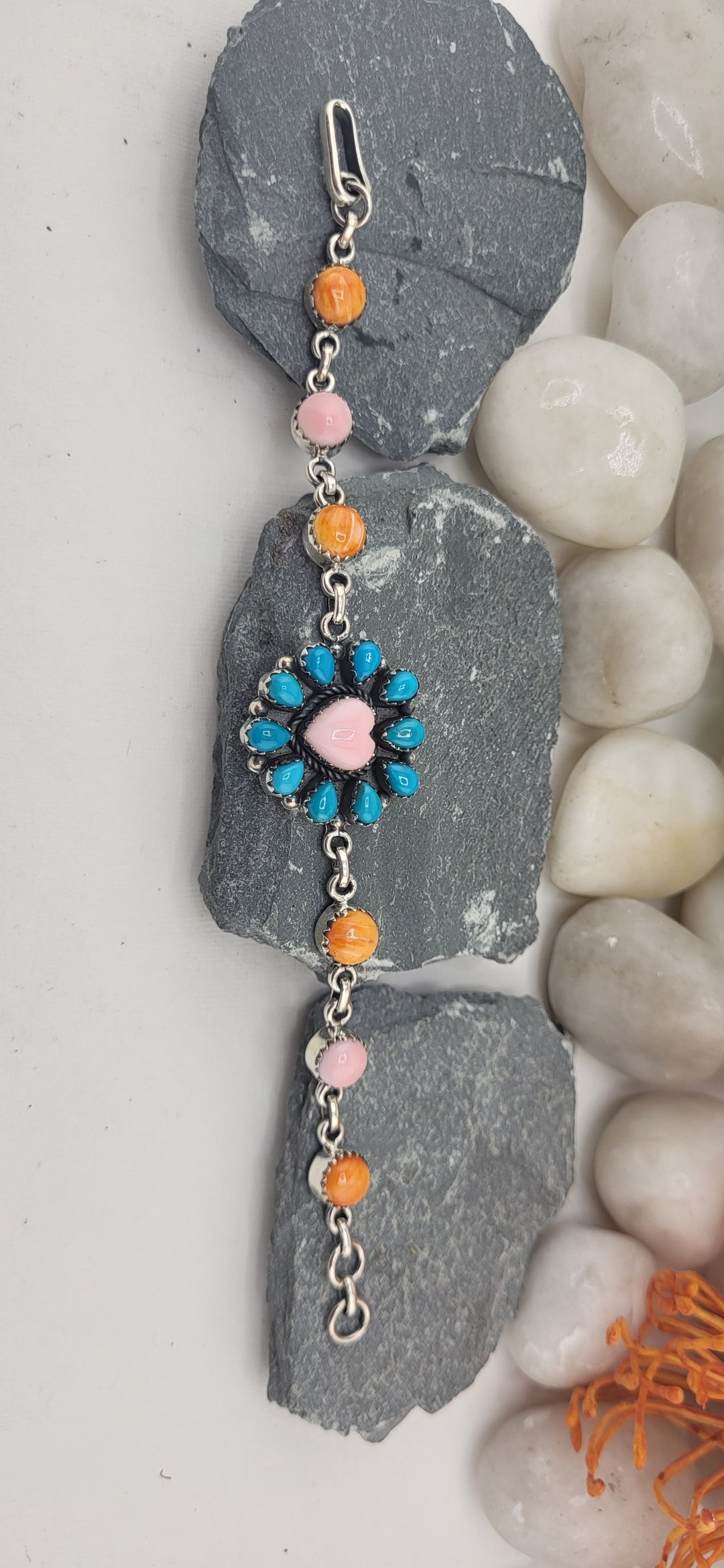 Queen conch, turquoise, and orange spiny oyster Southwest Bracelet