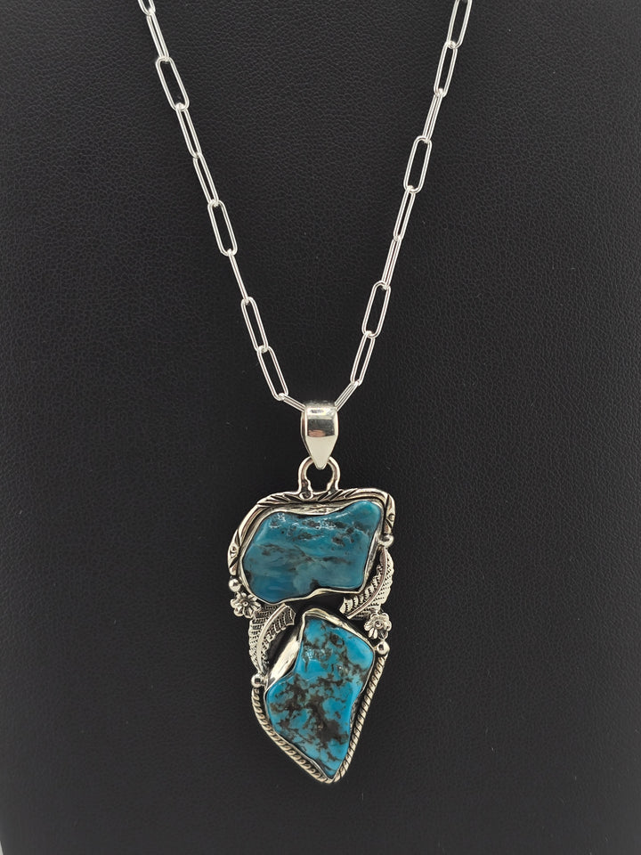 Raw Kingman Turquoise double stone 925 sterling silver pendant w/ 18" 3mm paperclip Chain