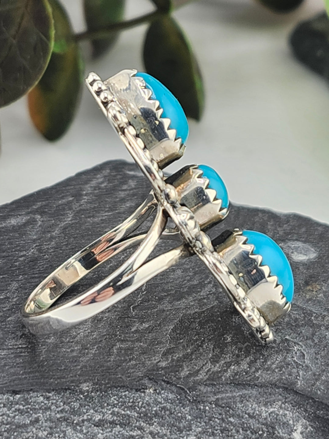 American Turquoise Triple Stone and 925 Sterling Silver Ring - Size 8.75