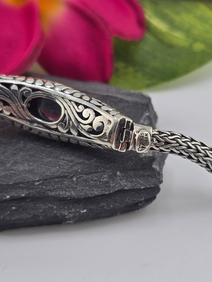 Real Mystic Topaz 925 Sterling Silver and 18k Gold Accented Bali Bracelet 6.75"