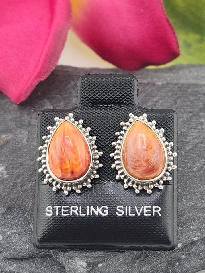 Orange Spiny Oyster Teardrop Stud Earrings