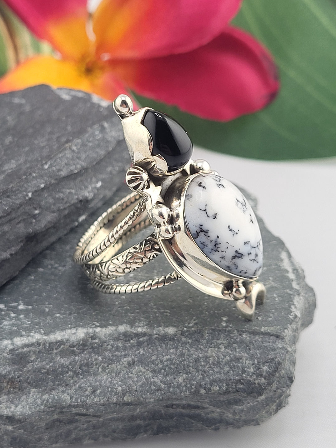 Dendritic Opal & Black Onyx Ring Size 9