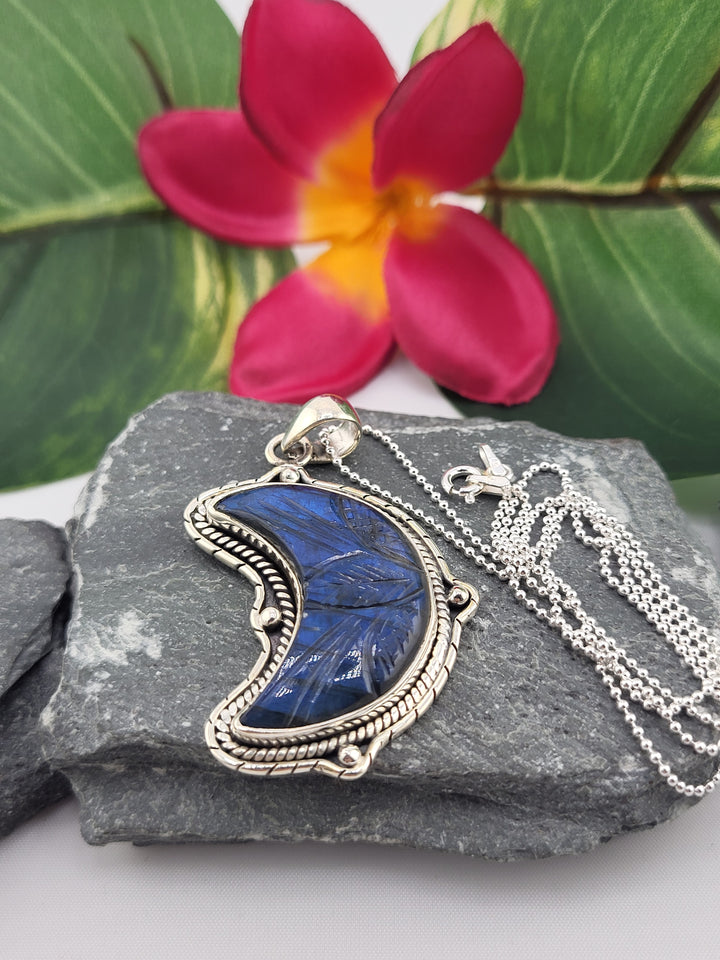 Carved Blue Labradorite Crescent Moon Necklace
