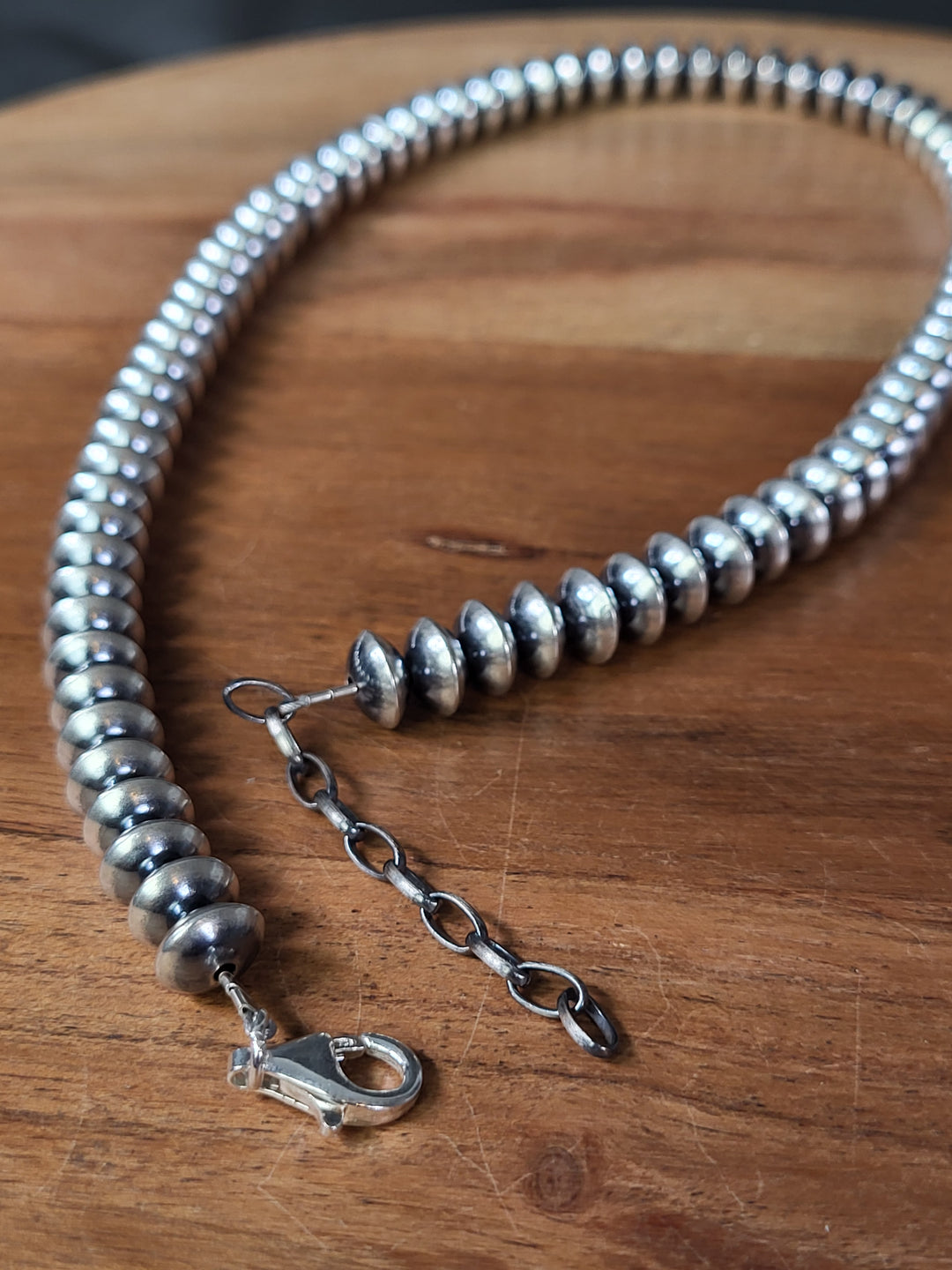 Oxidized Sterling Silver Saucer Bead Necklace 8mm 16"+2" extension