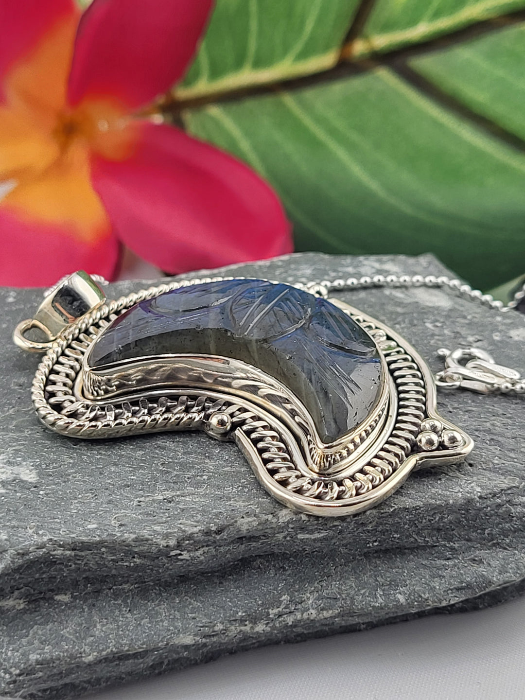 Carved Blue Labradorite Crescent Moon Necklace