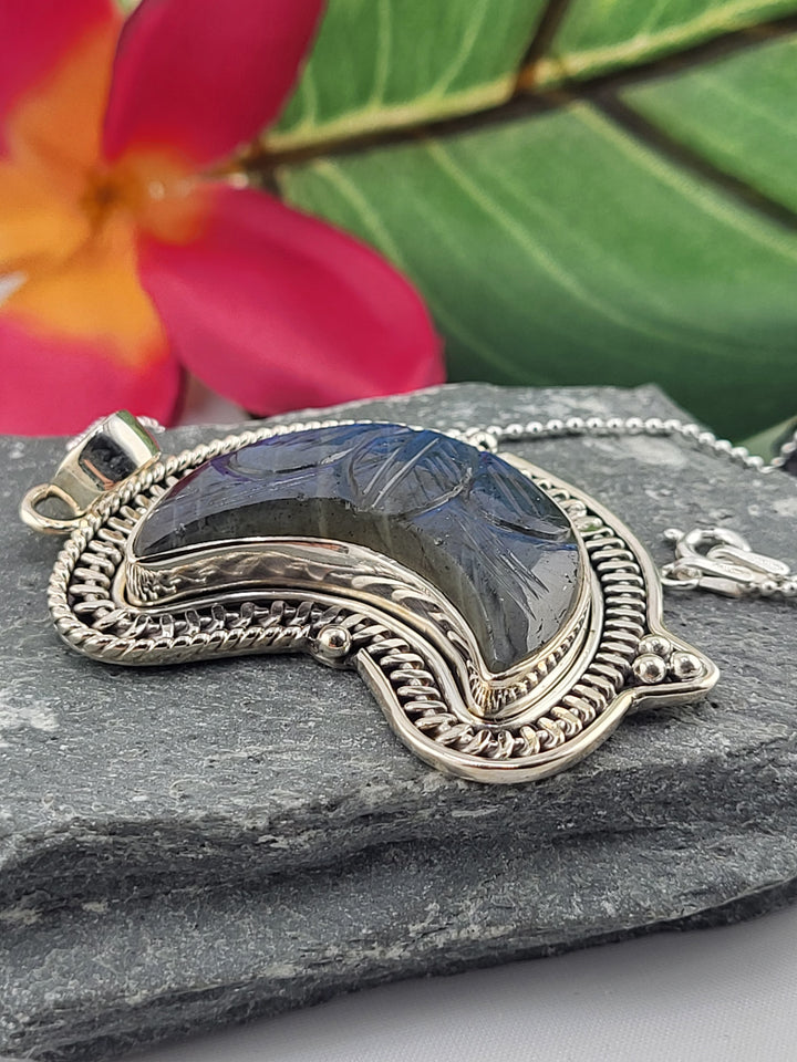 Carved Blue Labradorite Crescent Moon Necklace
