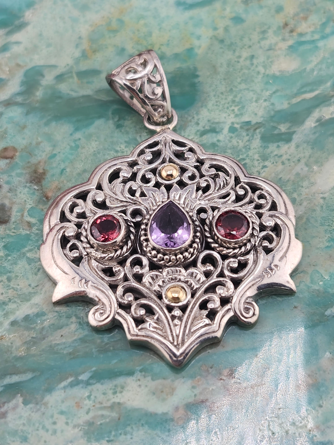 Bali 925 Sterling Silver/18K and Mixed Gemstone Pendant