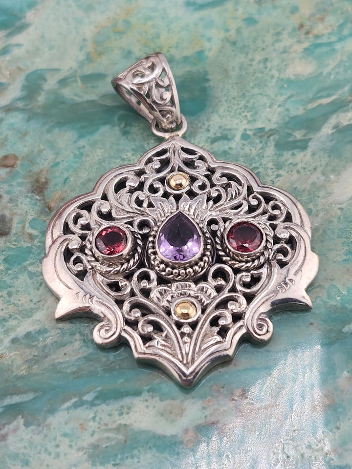 Bali 925 Sterling Silver/18K and Mixed Gemstone Pendant