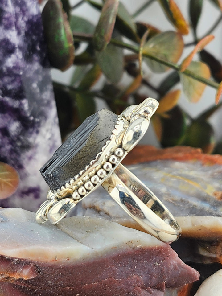 Raw Black Tourmaline 925 Sterling Silver Ring Size 10