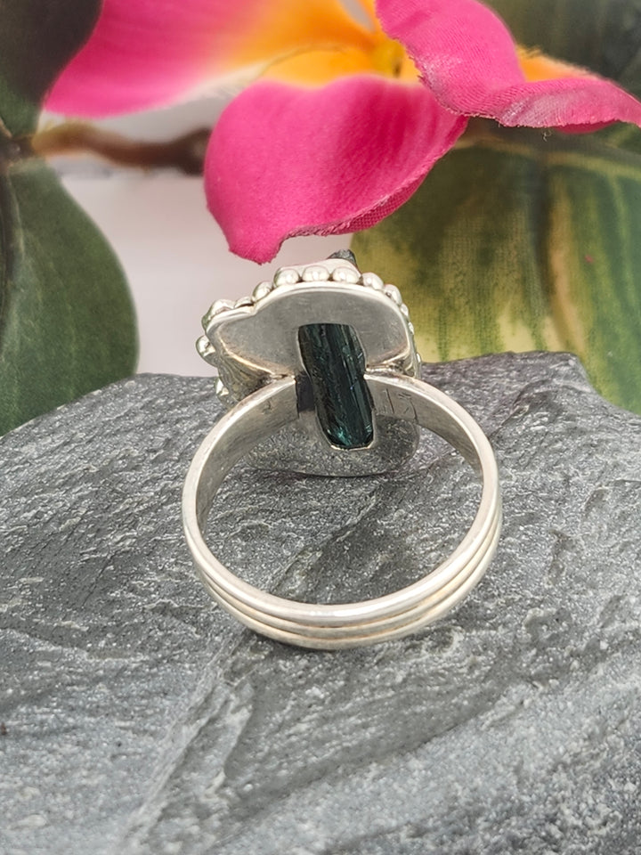 Raw Blue Tourmaline and 925 Sterling Silver Ring - Size 7