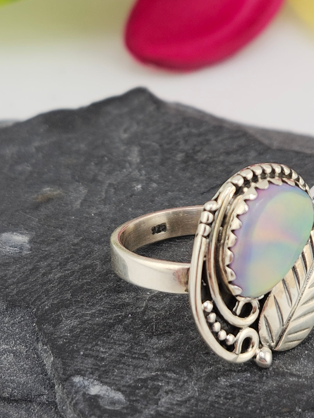 Aurora Opal Doublet Ring in sterling silver 925 size 6