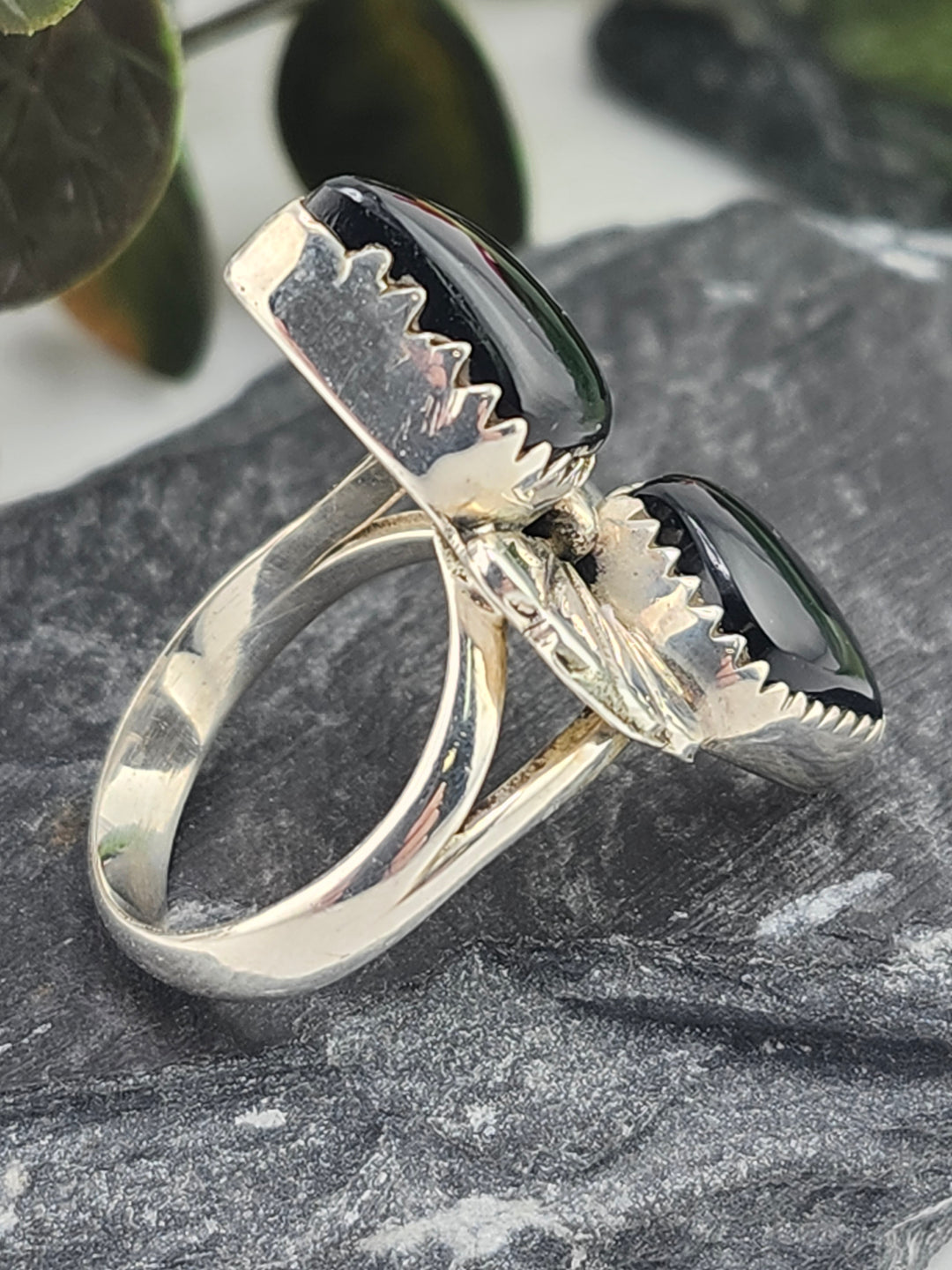 Black Onyx Double Stone and 925 Sterling Silver Ring - Size 9