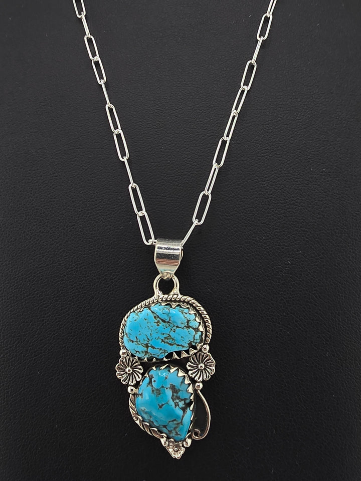Raw Kingman Turquoise double stone 925 sterling silver pendant w/ 18" 3mm paperclip Chain