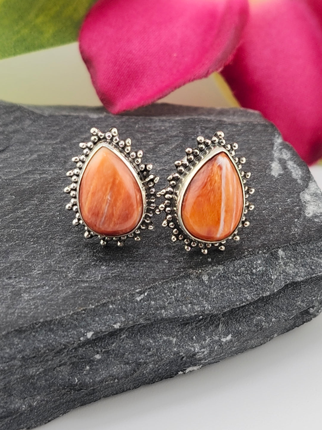 Orange Spiny Oyster Teardrop Stud Earrings