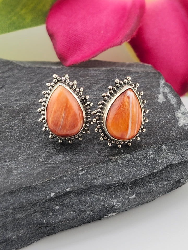 Orange Spiny Oyster Teardrop Stud Earrings